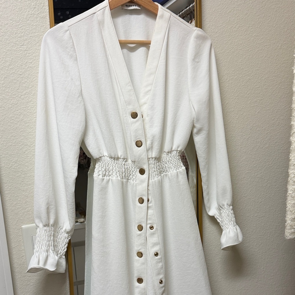 Sandro White Long Sleeve Dress with Button Detail
